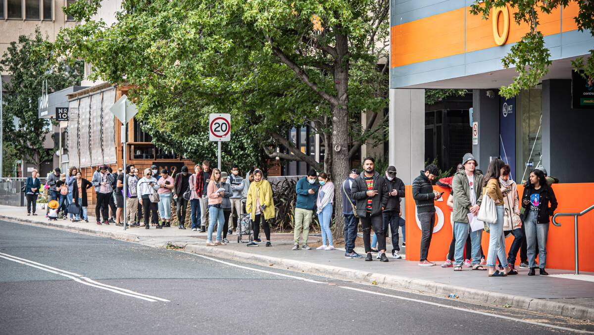 Queues at the Woden Centrelink after the coronavirus pandemic forced the shutdown of industry after industry. Picture: Karleen Minney