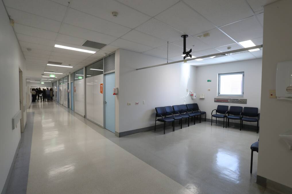 The main corridor and waiting room in Wollongong Hospital's temporary birthing unit. Picture: Robert Peet