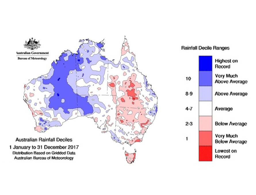 LAST YEAR: As shown by the dark red, the Hunter received the lowest rainfall on record in 2017. The map shows similar conditions to that of the 1982 chart above. 