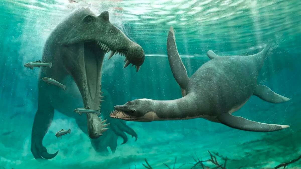 Artist's impression of spinosaurus and plesiosaur in a river. Picture: Dr Nick Longrich/University of Bath.
