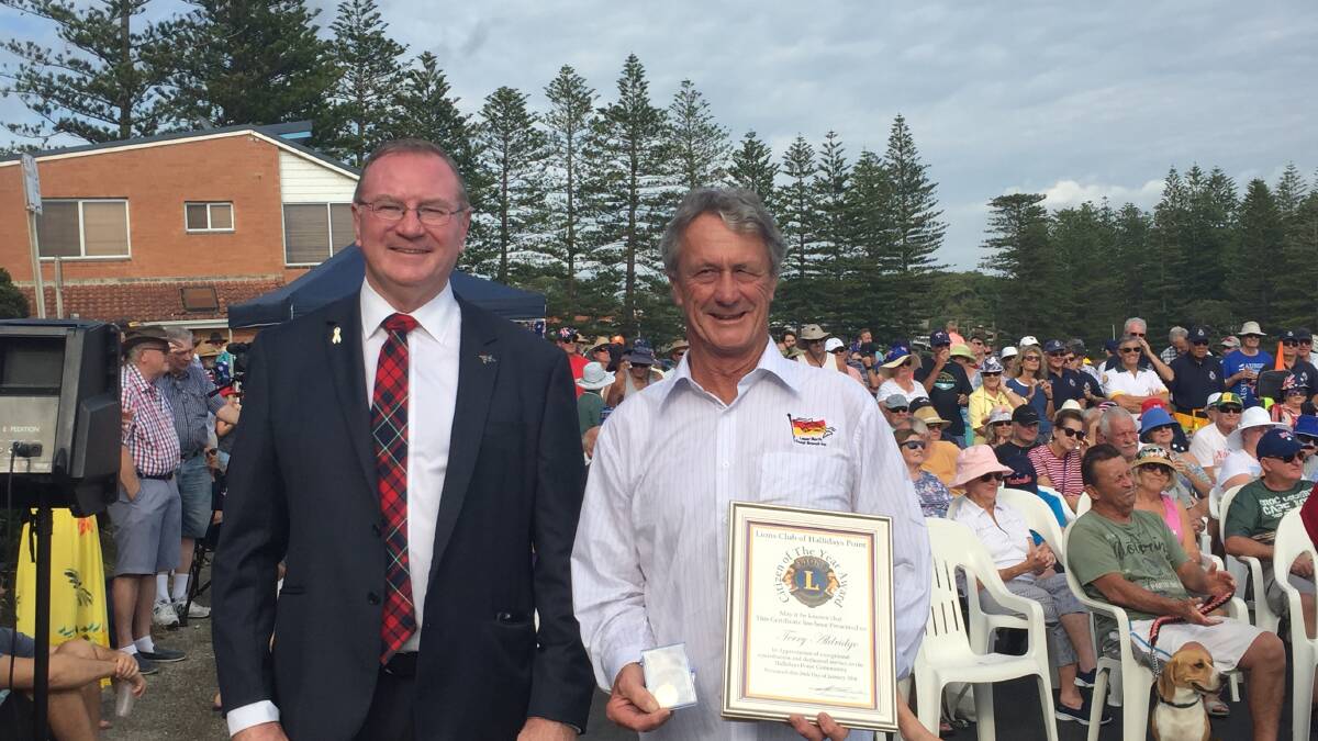 Member for Myall Lakes, Stephen Bromhead and Hallidays Point citizen of the year, Terry Aldridge.