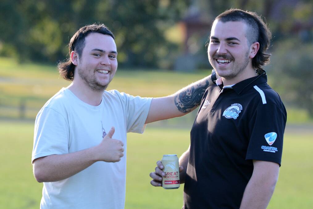 Mates for mental health: Hayden Cornall (right) and Jack Tang are putting their mullets to good use. Photo: Scott Calvin