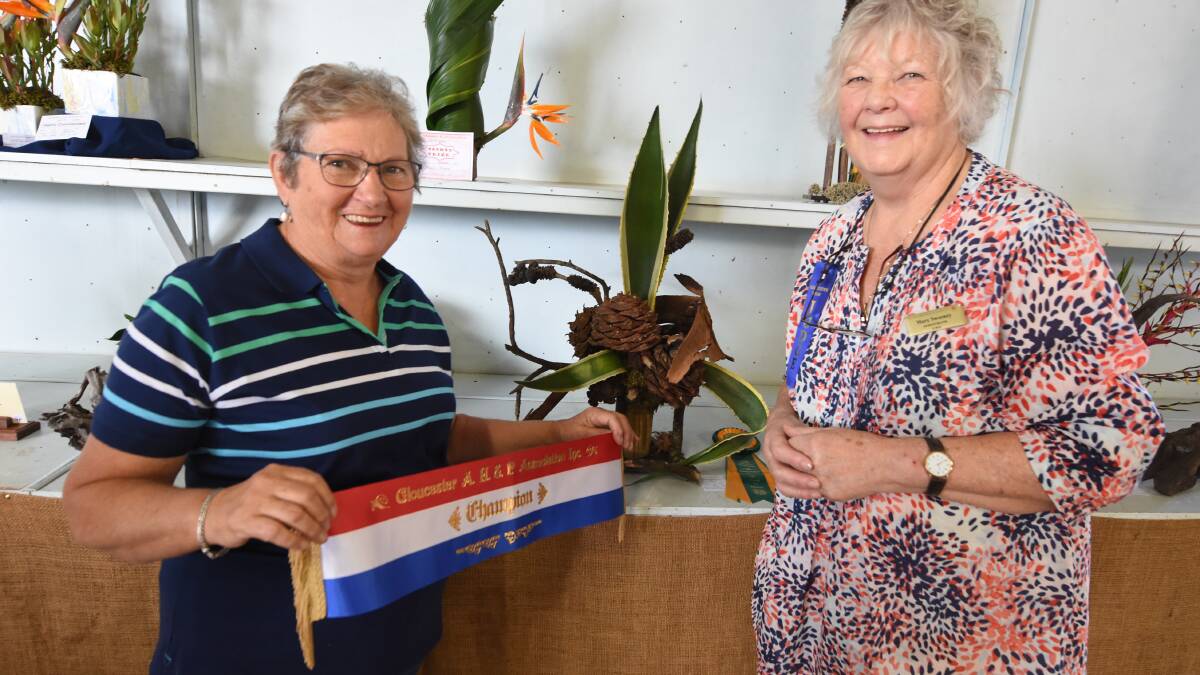The late Effie Crawley (left) was awarded Best in Show in Floral Art Design at the 2019 Gloucester Show by judge Mary Sweeney. Photo Scott Calvin