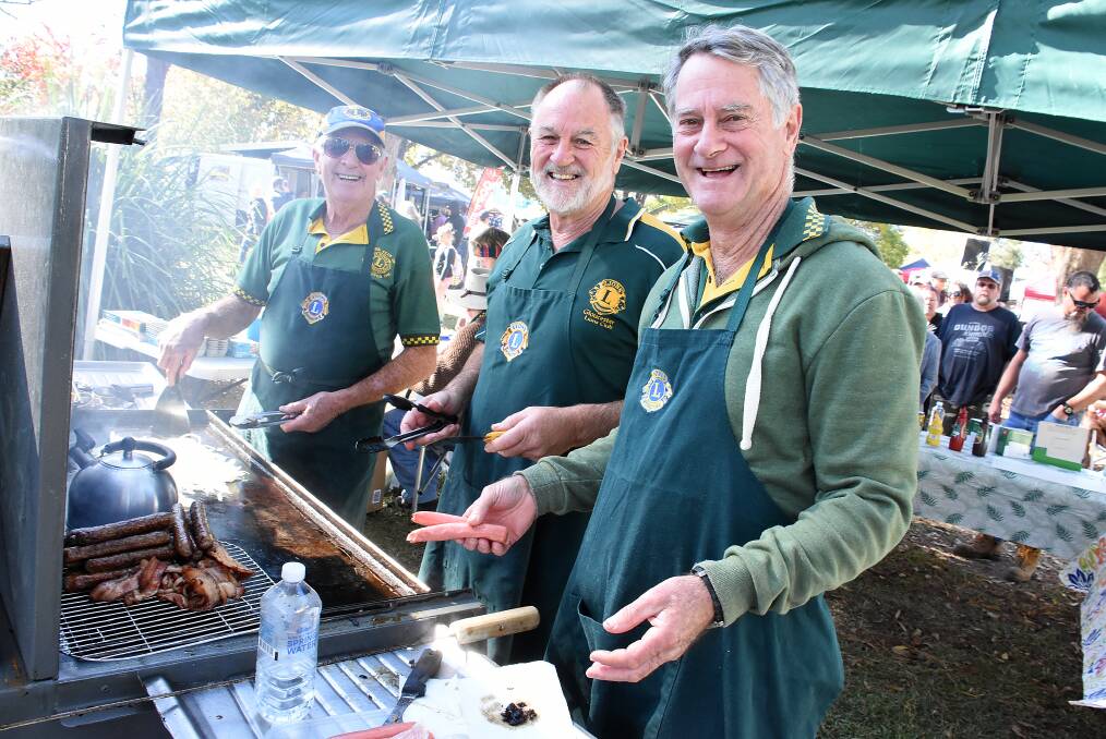 Alec Bruce, Danny Green and Peter Ross manning the Lions barbecue at the Gloucester Mega Community Markets on Saturday, June 11. Photo: Scott Calvin