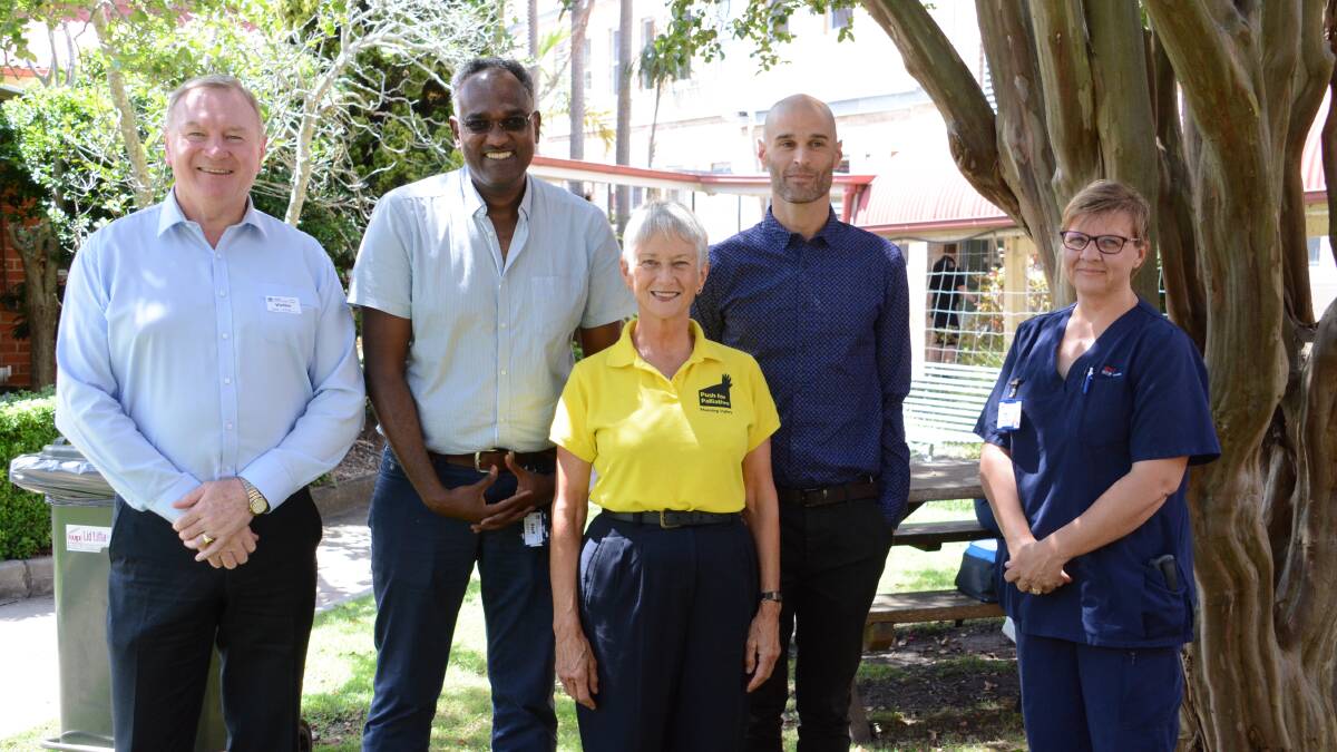 Member for Myall Lakes Stephen Bromhead, Manning Base Hospital director clinical services Dr Osama Ali, MVP4P founder Judy Hollingworth, palliative care specialist Dr Arron Veltre, and palliative care clinical nurse specialist Sally Drury. Photo: Scott Calvin