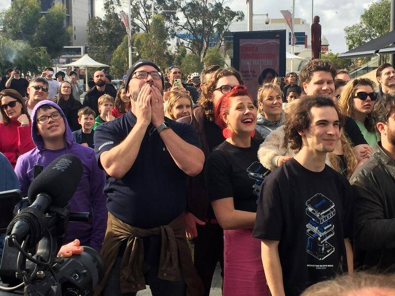 A crowd gathered at Yagan Square in Perth for a live broadcast of the launch of Binar-1.