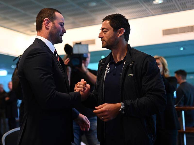 Anthony Minichiello (r) was among the Sydney Roosters contingent at Boyd Cordner's announcement.
