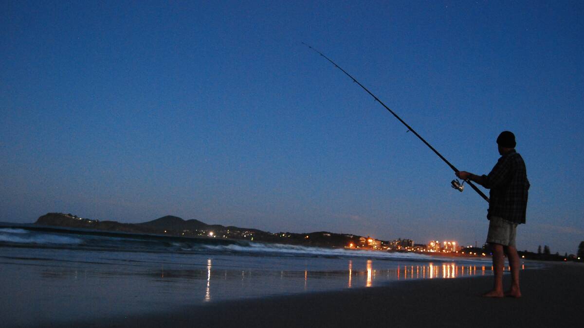 Phillip Sciacca fishing on Tuncurry beach.  He has now seen the lights appear from the Great Lakes to as far north as Crowdy Head.