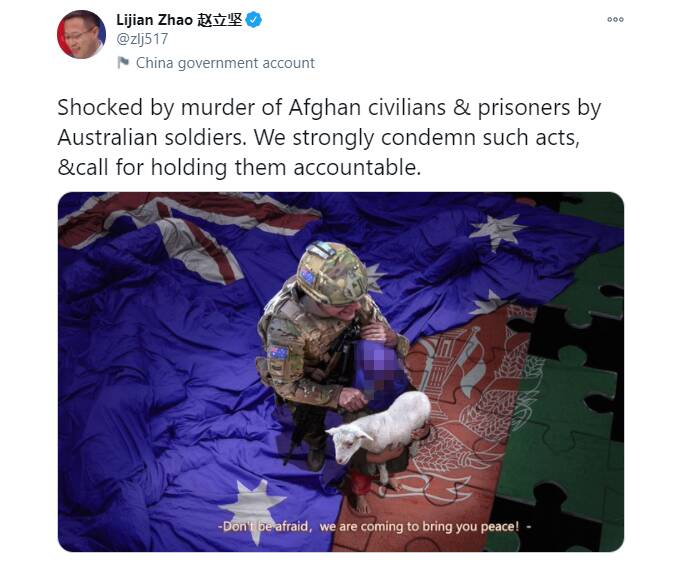The image tweeted by a Chinese foreign ministry spokesman, Lijian Zhao. Picture: Twitter (Digitally pixelated by The Canberra Times)