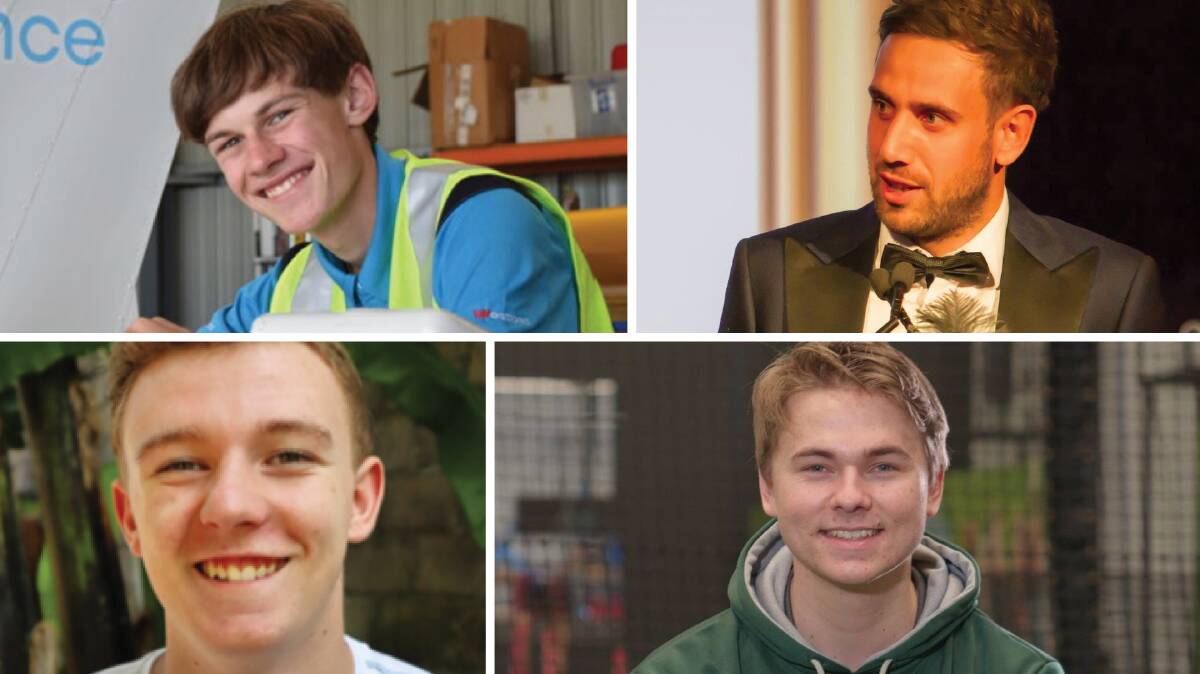Tasmania's 2021 Young Australian of the Year nominees: clockwise from top left, Robert Bramley, Rulla Kelly-Mansell, Luke Williams and Toby Thorpe.