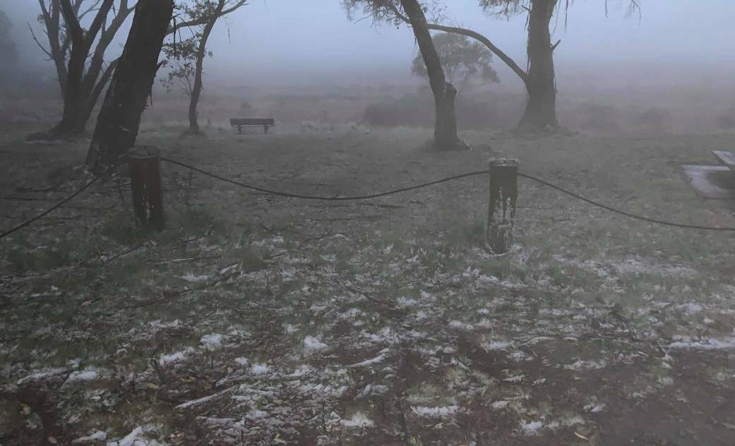 A light dusting of snow, pictured at Barrington Tops National Park in May. Snow is predicted for this weekend. Photo: Phill Corrigan.