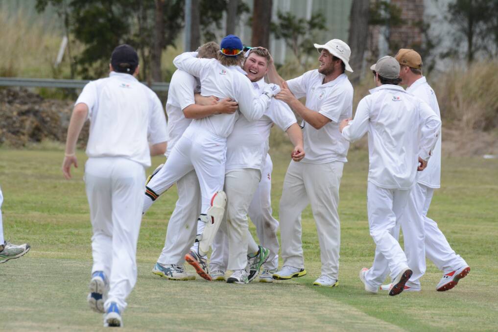 Gloucester players celebrate a wicket against Old Bar earlier this season. Photo: Scott Calvin.