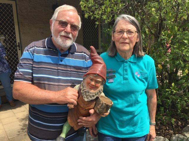 Paul the garden gnome was introduced to the Gloucester Garden Club during a visit to Trudy and Peter Sambach drought-impaired garden.