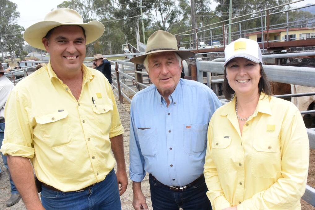 Ray White Rural's Ken Maslen, Alan Luscombe and Amy Maslen at the inaugural combined agents sale at Gloucester saleyards. 