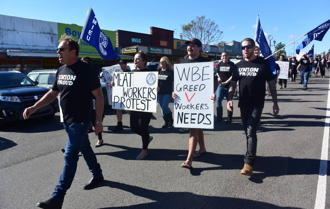Industrial action: AMIEU Newcastle and Northern NSW secretary Grant Courtney leads the march through Wingham. Photo: Sally Codyre. 