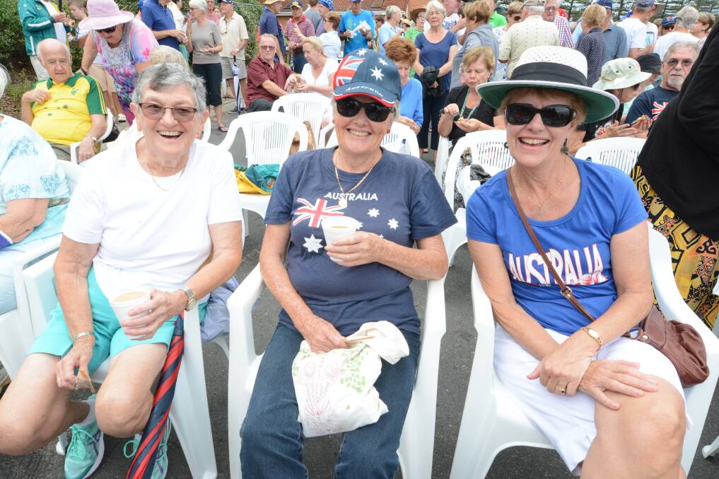Aussie pride: Robyn Hellings, Lyndy Prout and Jan Hunter were all smiles at the 2017 Hallidays Point ceremony. Photo: Scott Calvin.