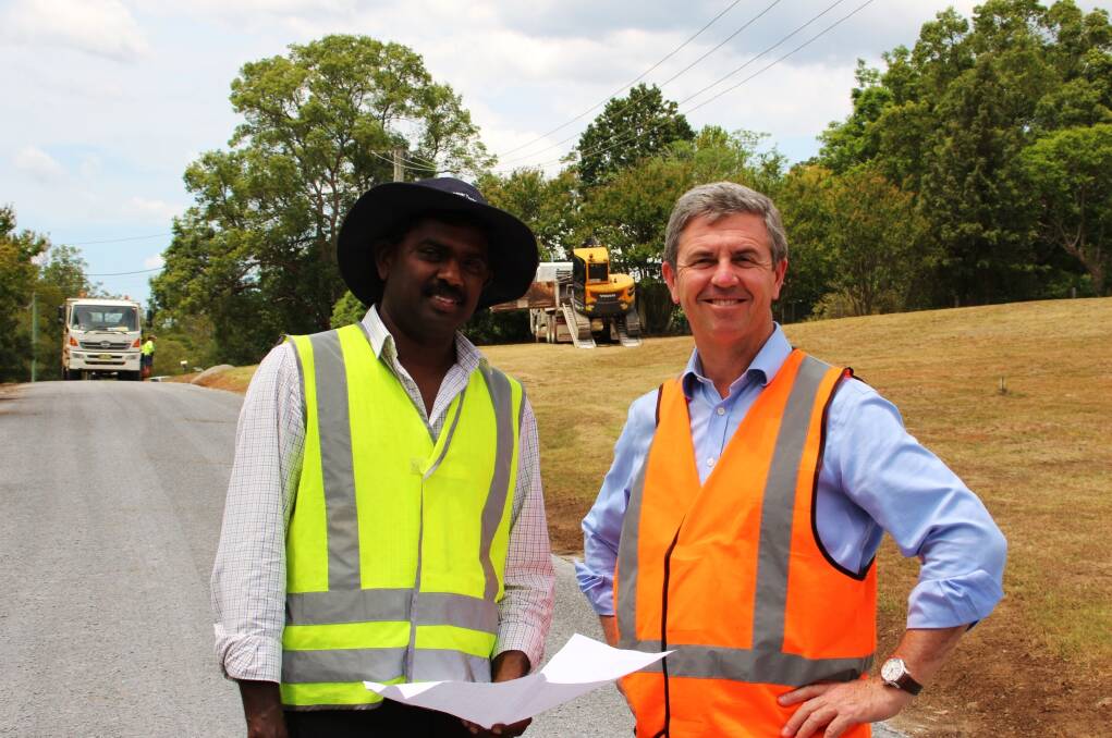 MidCoast Council’s senior asset engineer Gamini Weththasinghe inspects the works with Member for Lyne Dr David Gillespie.