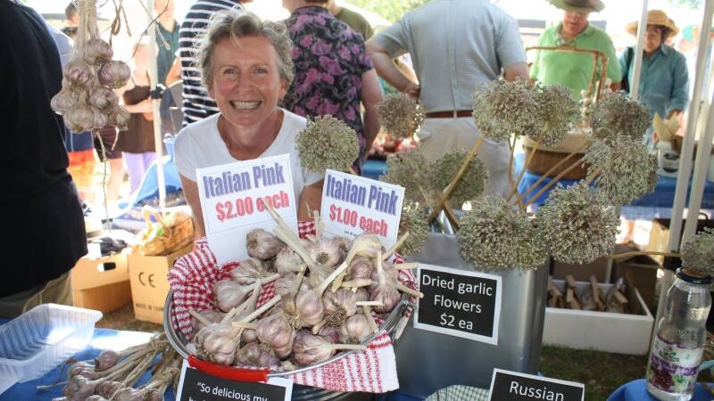 Sue Reddie from Bulahdelah with some of her organically grown Italian garlic.