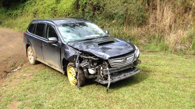 This Subaru was involved in a head-on crash with a dirt bike rider west of Gloucester on Christmas Day.