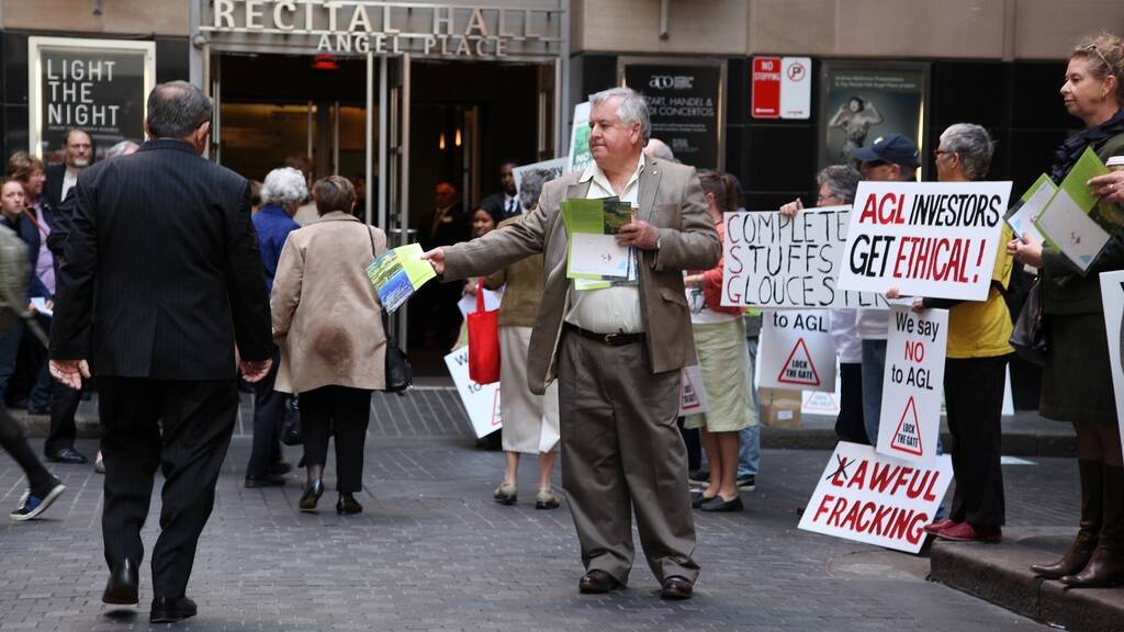 Protesters rally outside the AGL annual general meeting in Sydney today. Pic courtesy of the Lock the Gate Alliance.